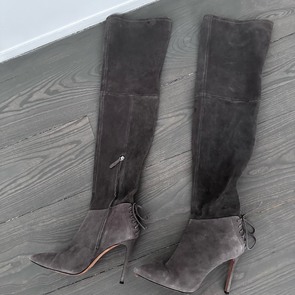 Pour La Victoire Charcoal Gray Suede Over-the-Knee Stiletto Boots